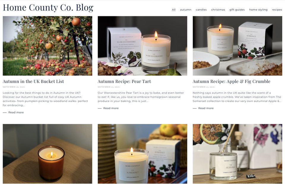 The Home County Co. blog page, a grid of autumn posts including recipes for a pear tart and an apple and fig crumble, each illustrated with candle photography